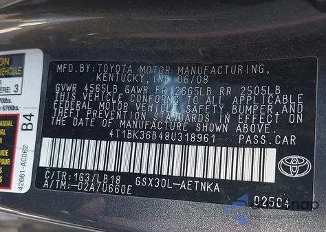 2008 Toyota Avalon Touring z USA, uszkodzony, nr VIN 4T1BK36B48U318961